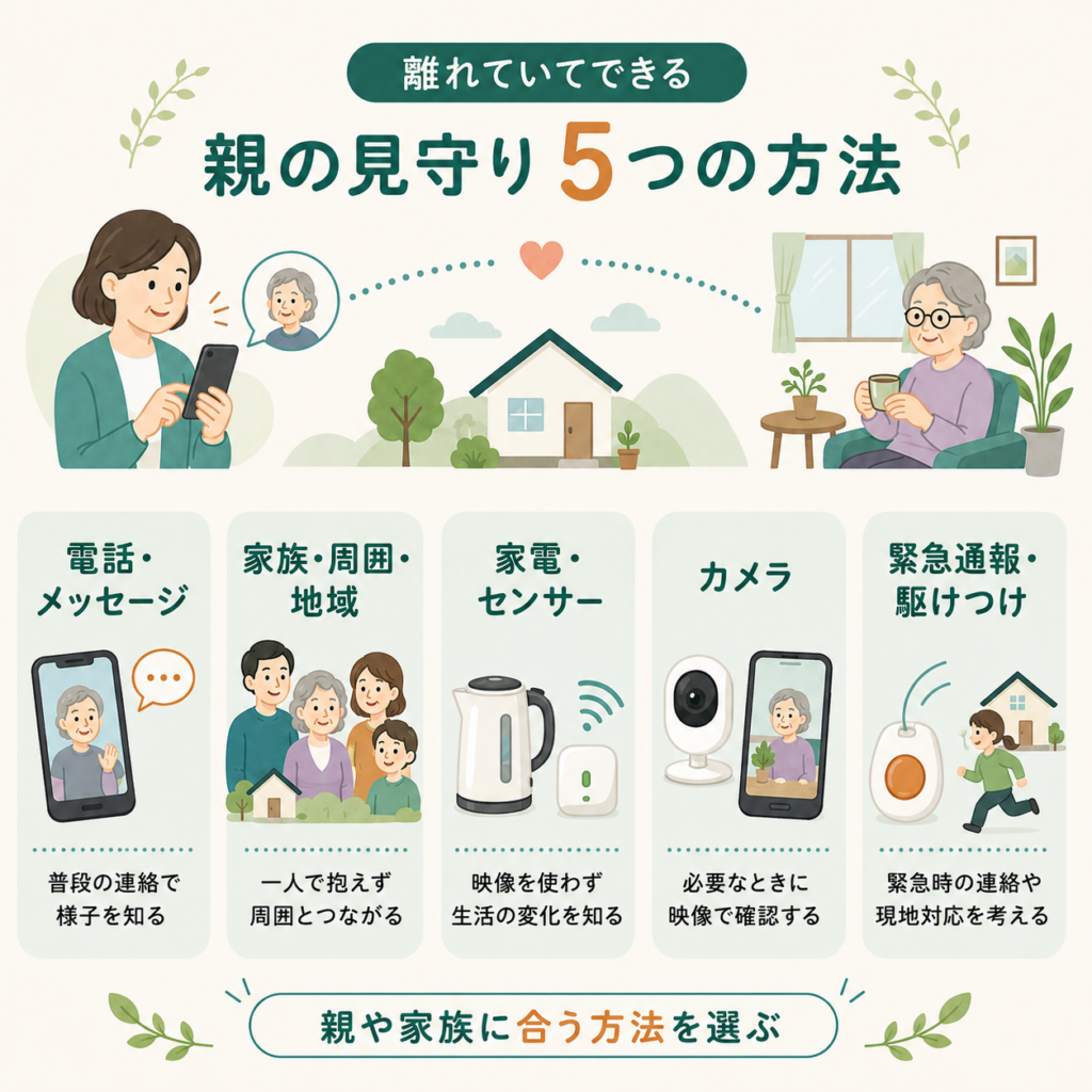 離れて暮らす親を見守る5つの方法。電話・メッセージ、家族や地域、家電・センサー、カメラ、緊急通報・駆けつけ