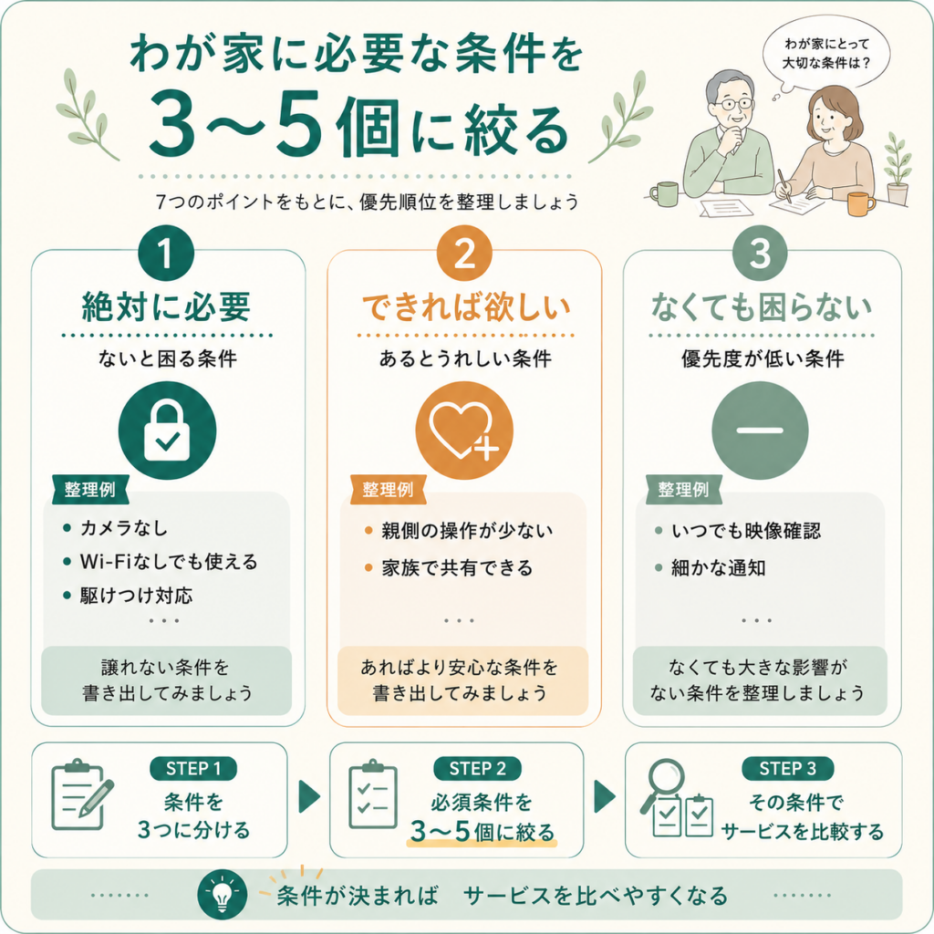見守りサービスの条件を絶対に必要、できれば欲しい、なくても困らないに分けて3〜5個に絞る方法