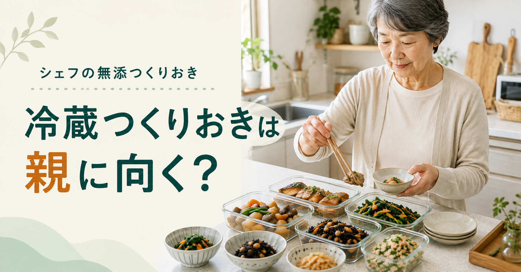 シェフの無添つくりおきを一人暮らしの親が自宅キッチンで小鉢に取り分けている様子