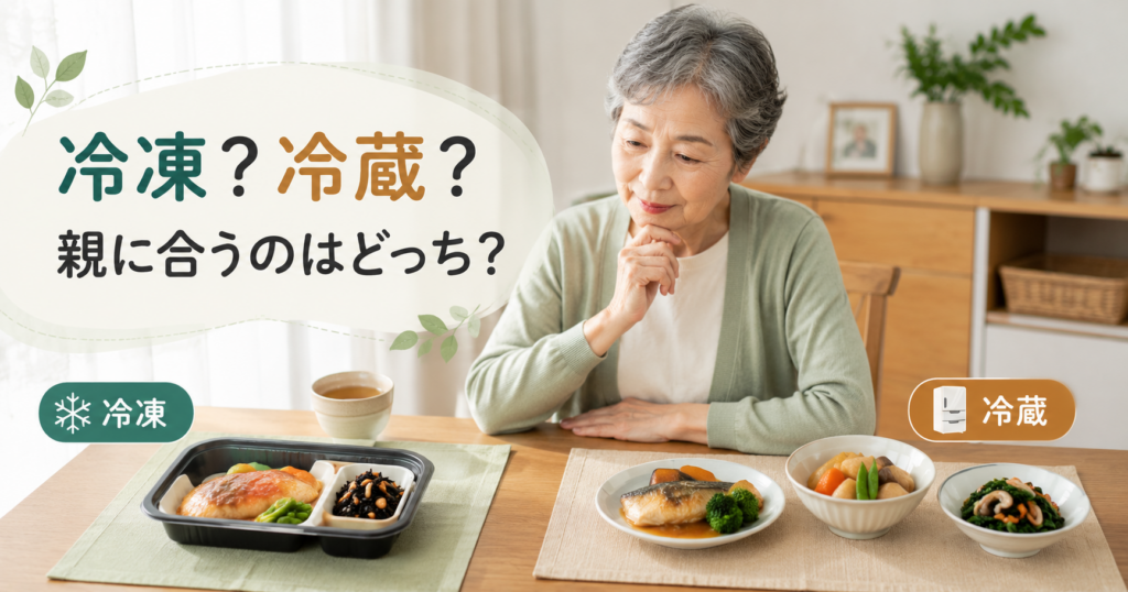 冷凍宅配食と冷蔵つくりおきを見比べる70代前後の親世代の女性