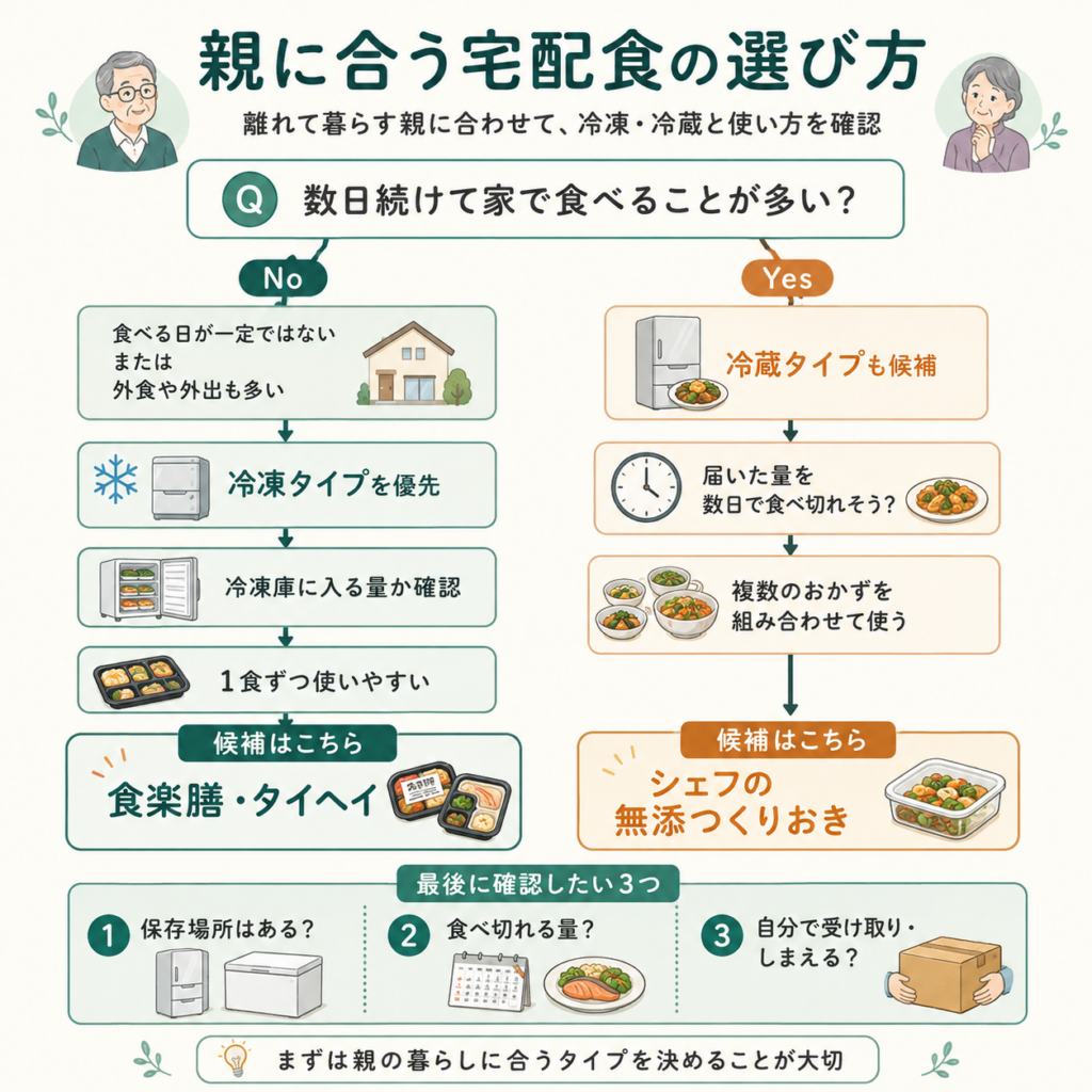 離れて暮らす親に合う宅配食を冷凍・冷蔵、保存、量、受け取りやすさで選ぶフロー図