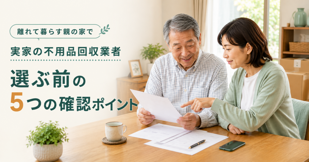 離れて暮らす親と子が実家の不用品回収業者の見積もりを確認している様子