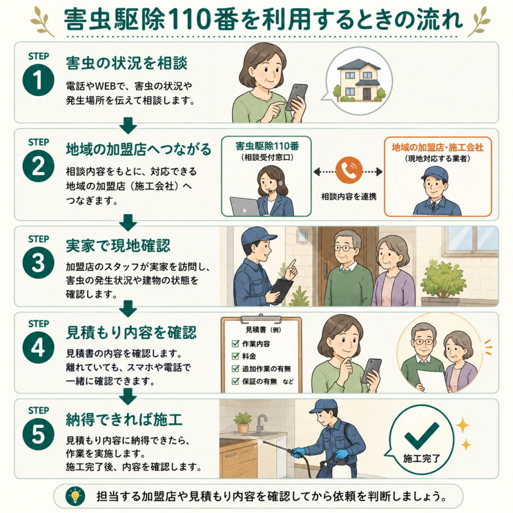 害虫駆除110番へ相談して地域の加盟店による現地確認・見積もり・施工まで進む流れ