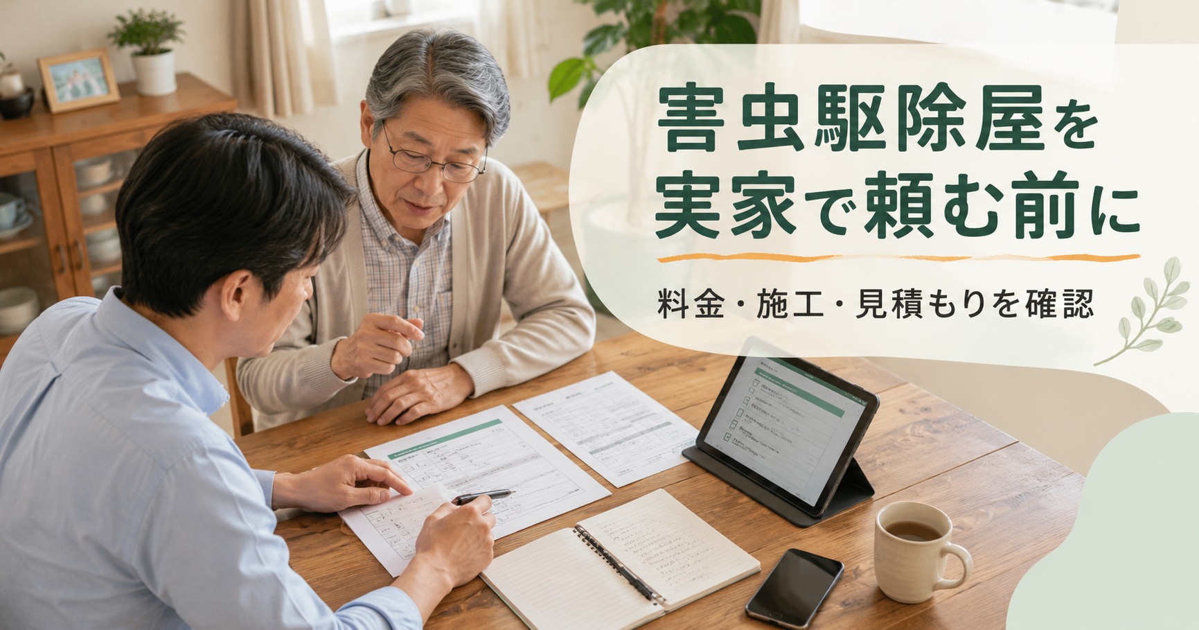 害虫駆除屋を実家で頼む前に料金・施工・見積もりを親子で確認する様子