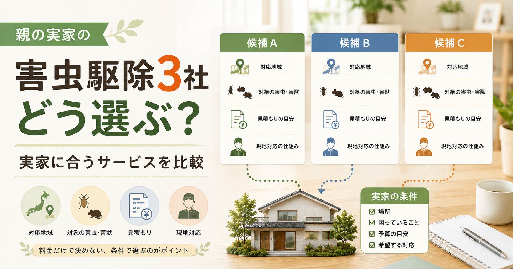 親の実家に合う害虫駆除サービス3社を対応地域や見積もり、現地対応の仕組みで比較するイメージ