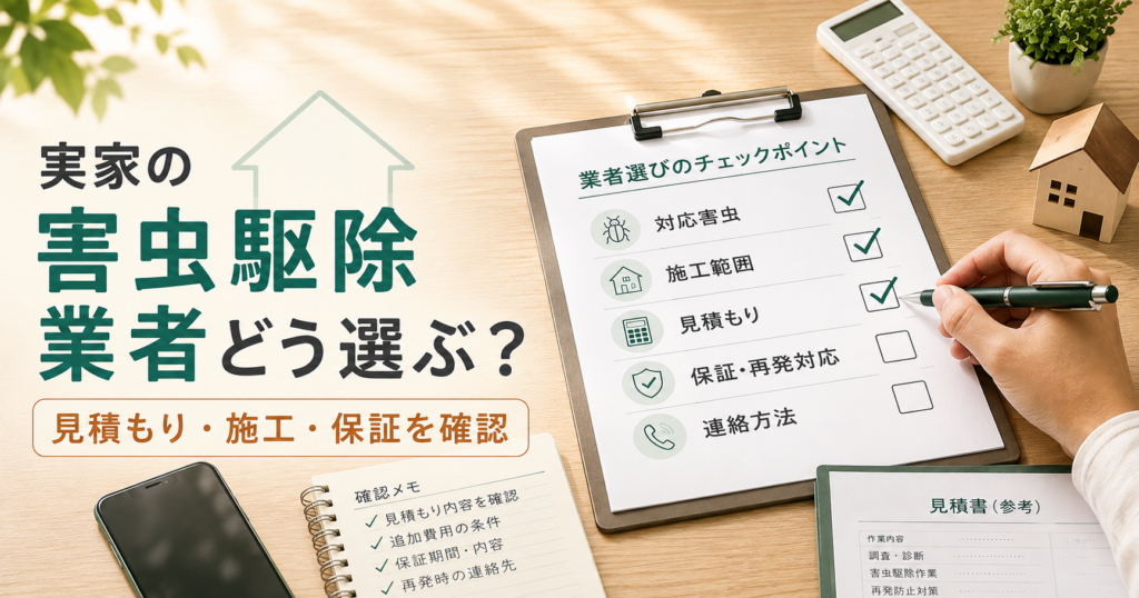 実家の害虫駆除業者を選ぶために見積もりや施工内容を確認するイメージ