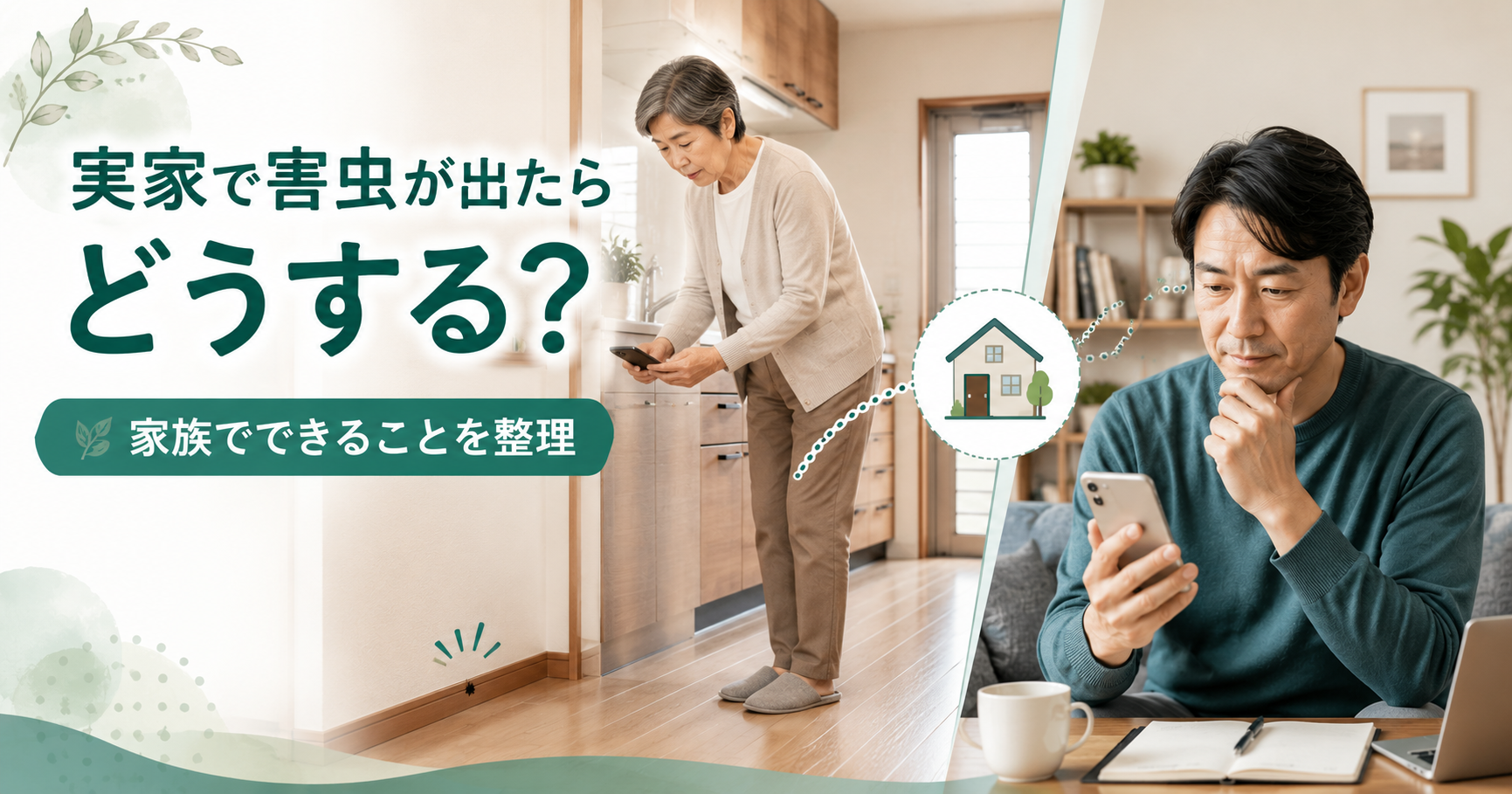 離れて暮らす親の実家で害虫が出たときに家族で対応方法を考える親子