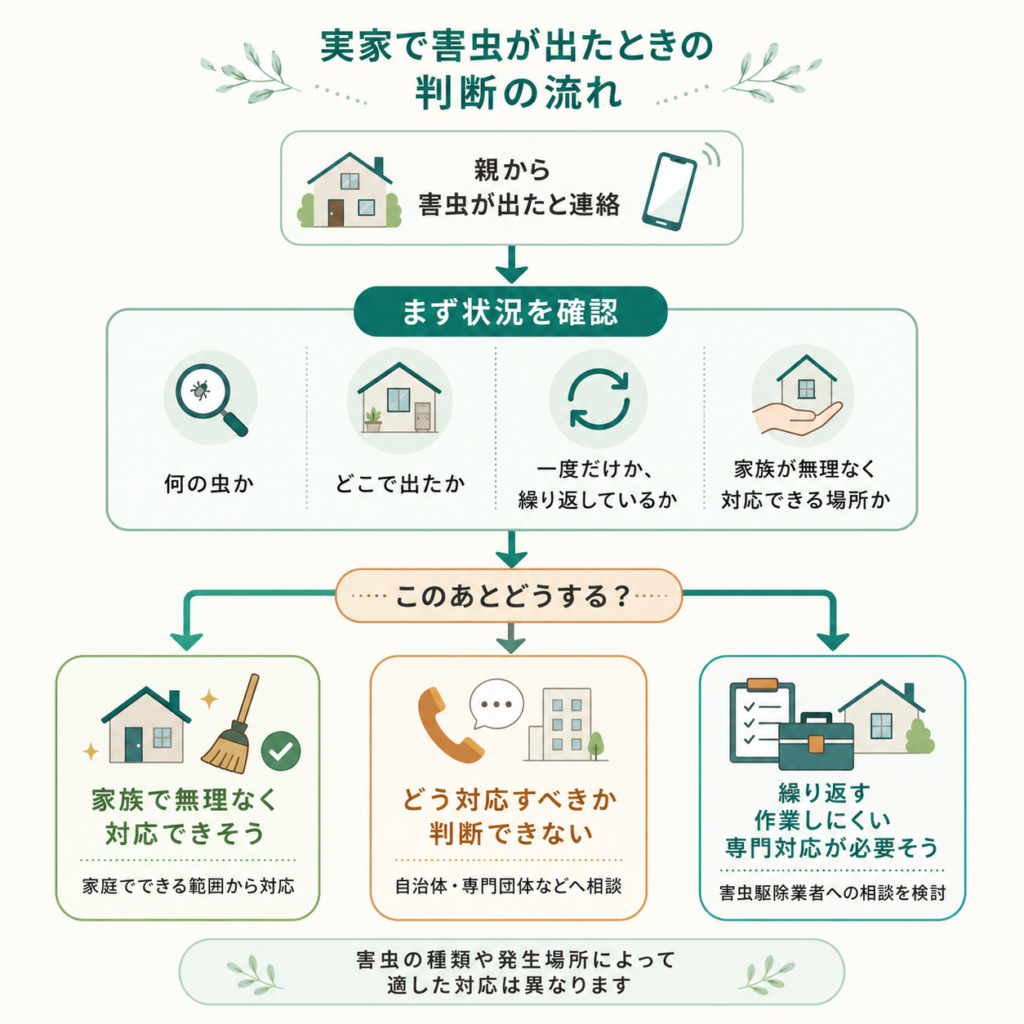 親の実家で害虫が出たときに家族対応・相談・害虫駆除業者を判断する流れ