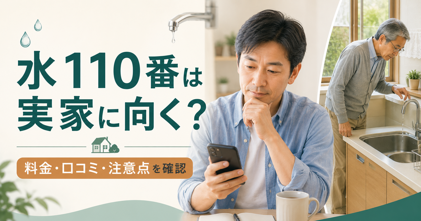 離れて暮らす親の実家の水トラブルについて水110番の料金や口コミを確認する子世代