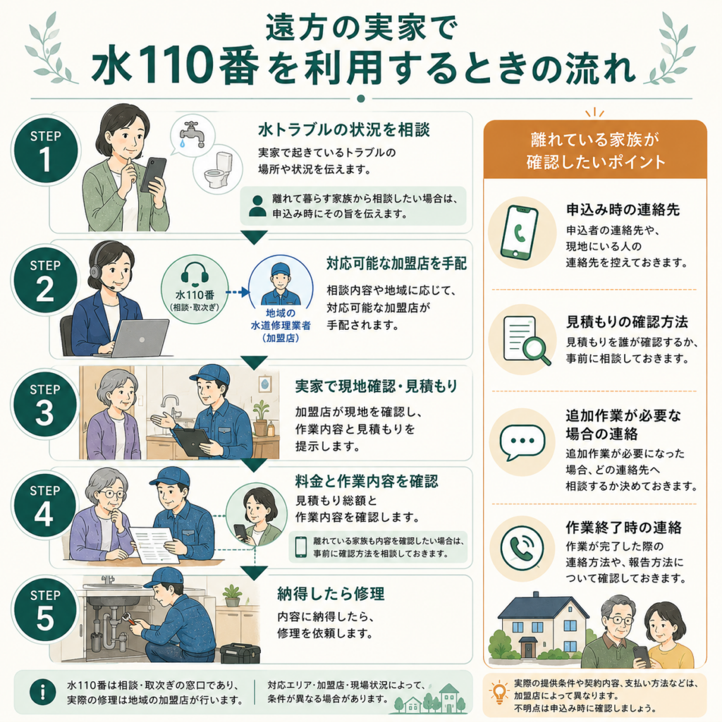 離れて暮らす親の実家で水110番を利用するときの相談から加盟店による現地確認・見積もり・修理までの流れ