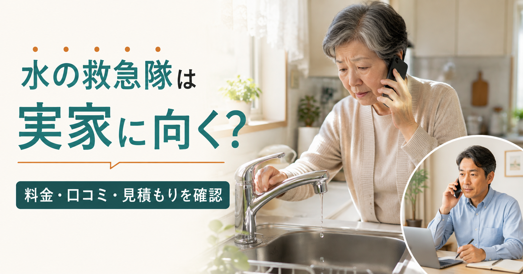 離れて暮らす親の実家で水漏れを確認しながら、水の救急隊への依頼を電話で相談する親子