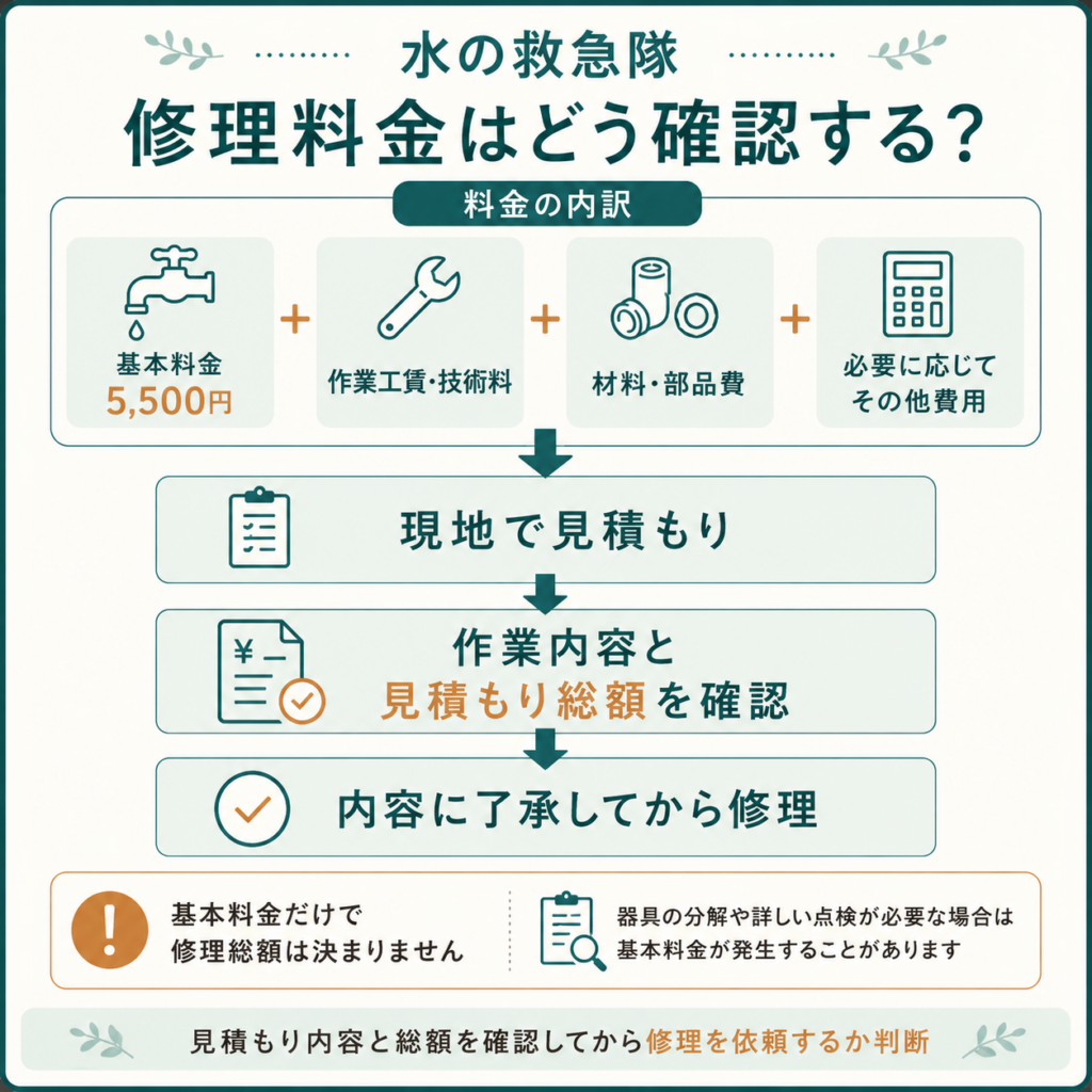水の救急隊の基本料金5,500円に作業工賃や材料費などを加え、現地見積もりで総額を確認する流れ