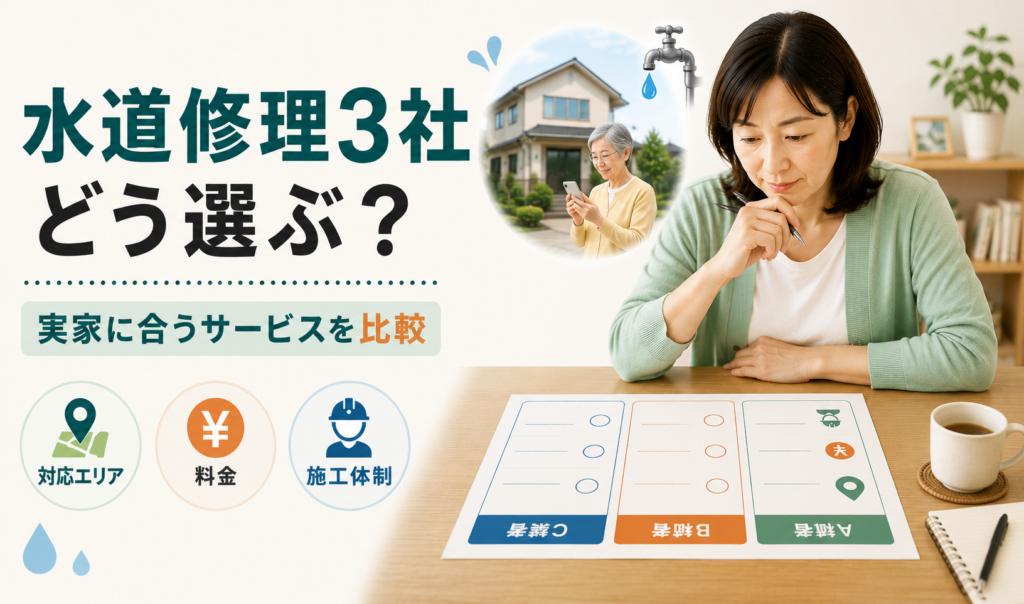 離れて暮らす親の実家に向く水道修理3社を対応エリア・料金・施工体制で比較するイメージ