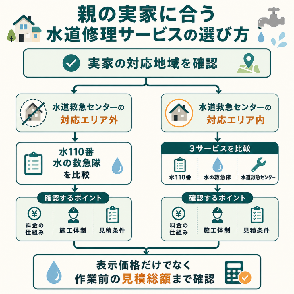 親の実家の対応地域から水110番・水の救急隊・水道救急センターを比較する水道修理サービスの選び方図解