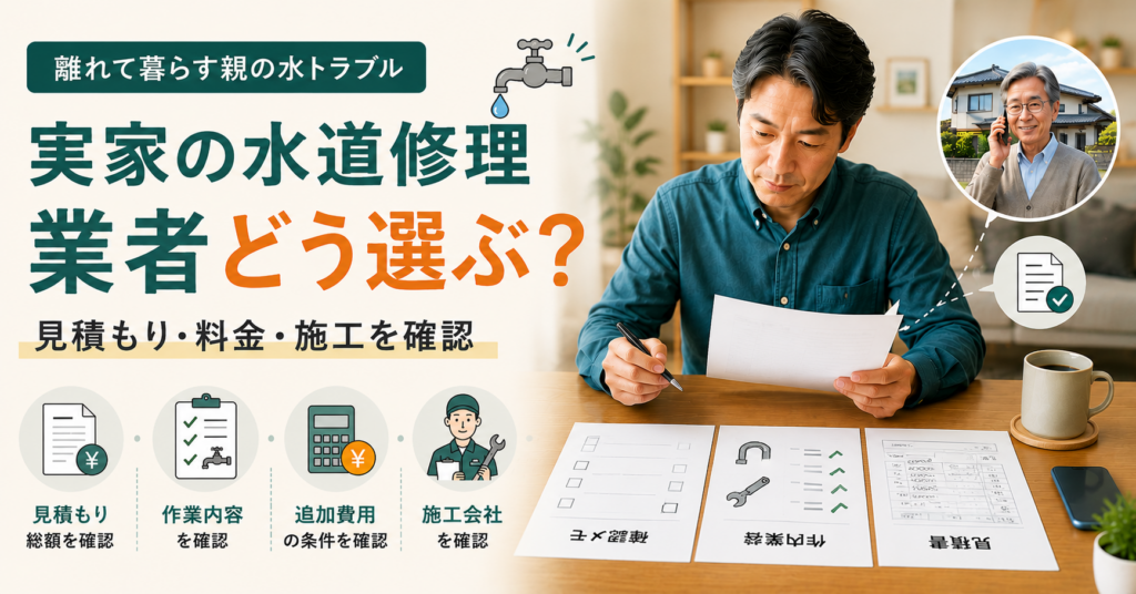 実家の水道修理業者を選ぶために見積もり・料金・施工会社を確認する子世代