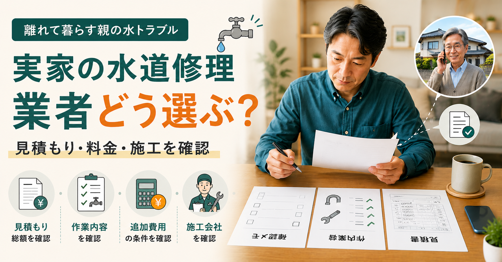 実家の水道修理業者を選ぶために見積もり・料金・施工会社を確認する子世代