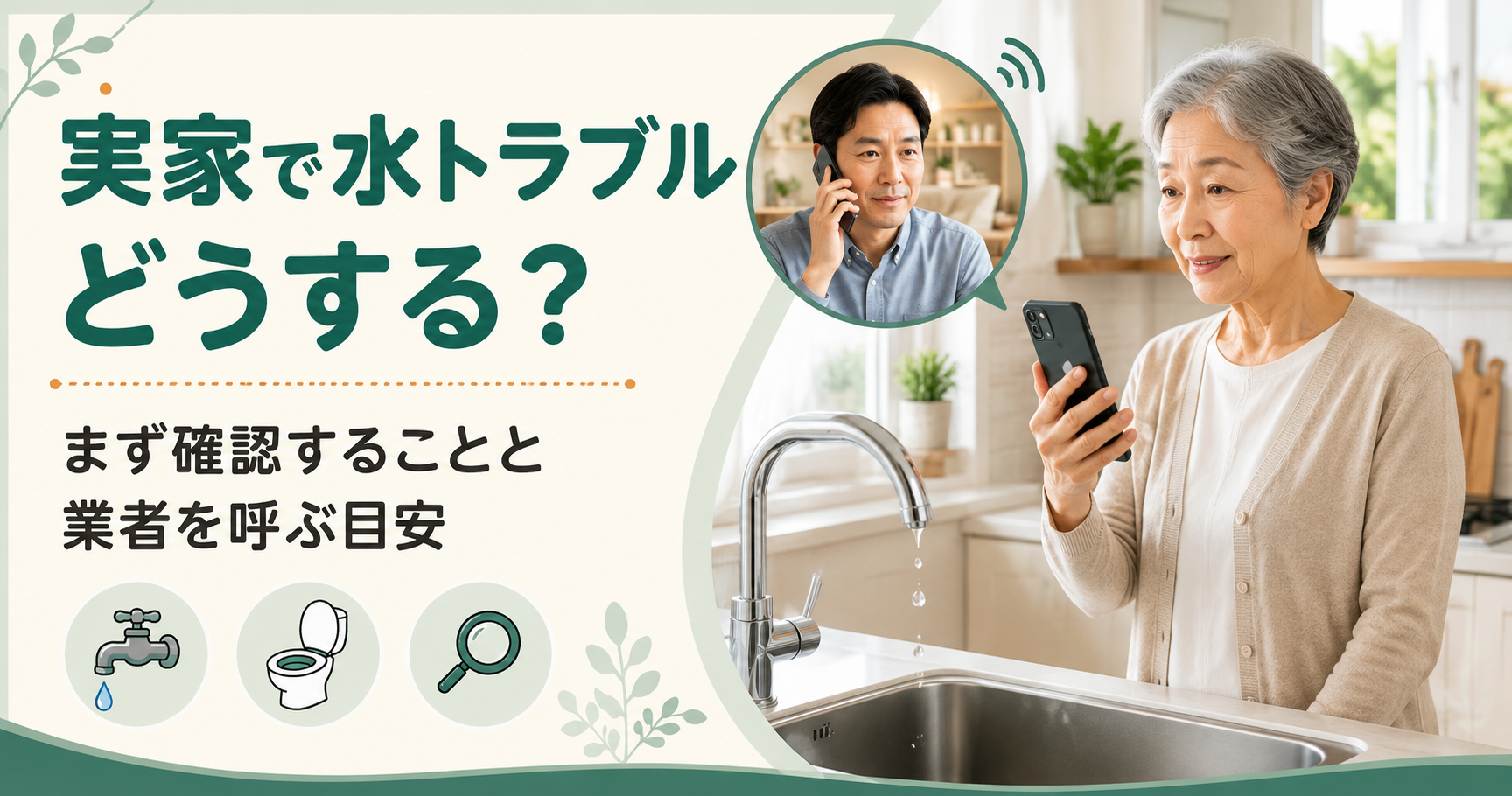 離れて暮らす親の実家で水漏れが起き、スマートフォンで子世代と状況を確認している様子