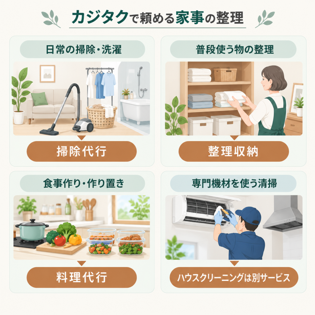 カジタクで頼める掃除代行・料理代行・整理収納とハウスクリーニングの違い