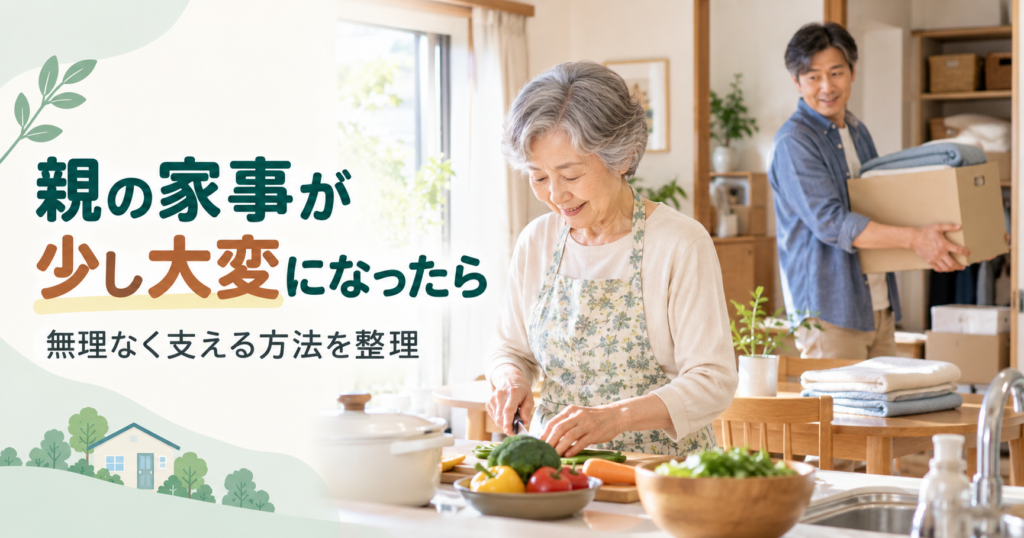 親が料理を続けながら家族が実家の家事を手伝う様子