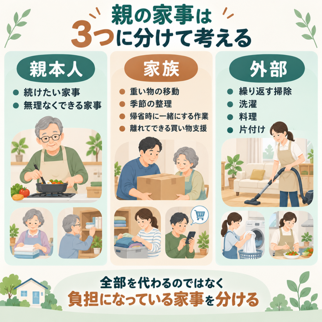 親の家事を親本人・家族・外部の3つに分けて考える図解