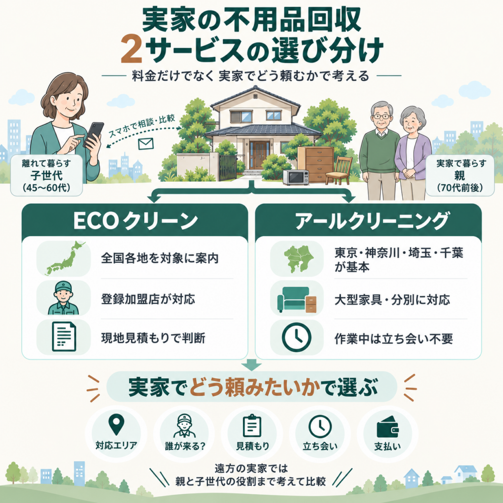 実家の不用品回収でECOクリーンとアールクリーニングを選び分けるポイント