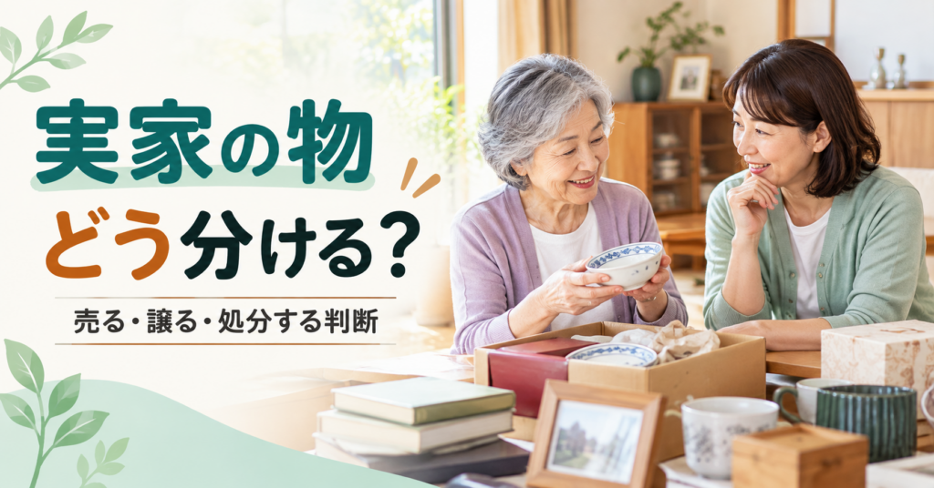 実家の物を前に片付け方法を一緒に考える親子