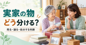 実家の物を前に片付け方法を一緒に考える親子