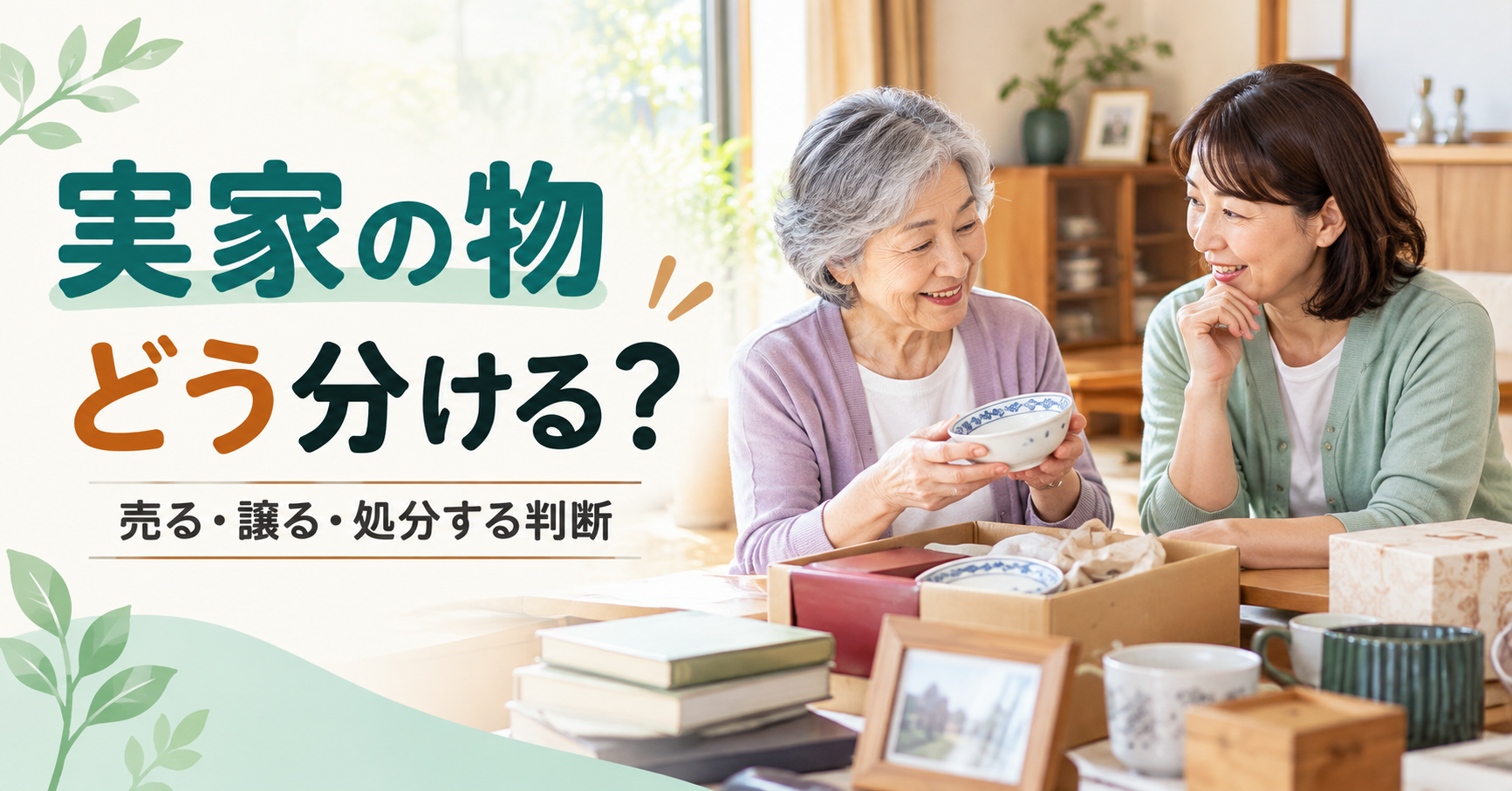 実家の物を前に片付け方法を一緒に考える親子