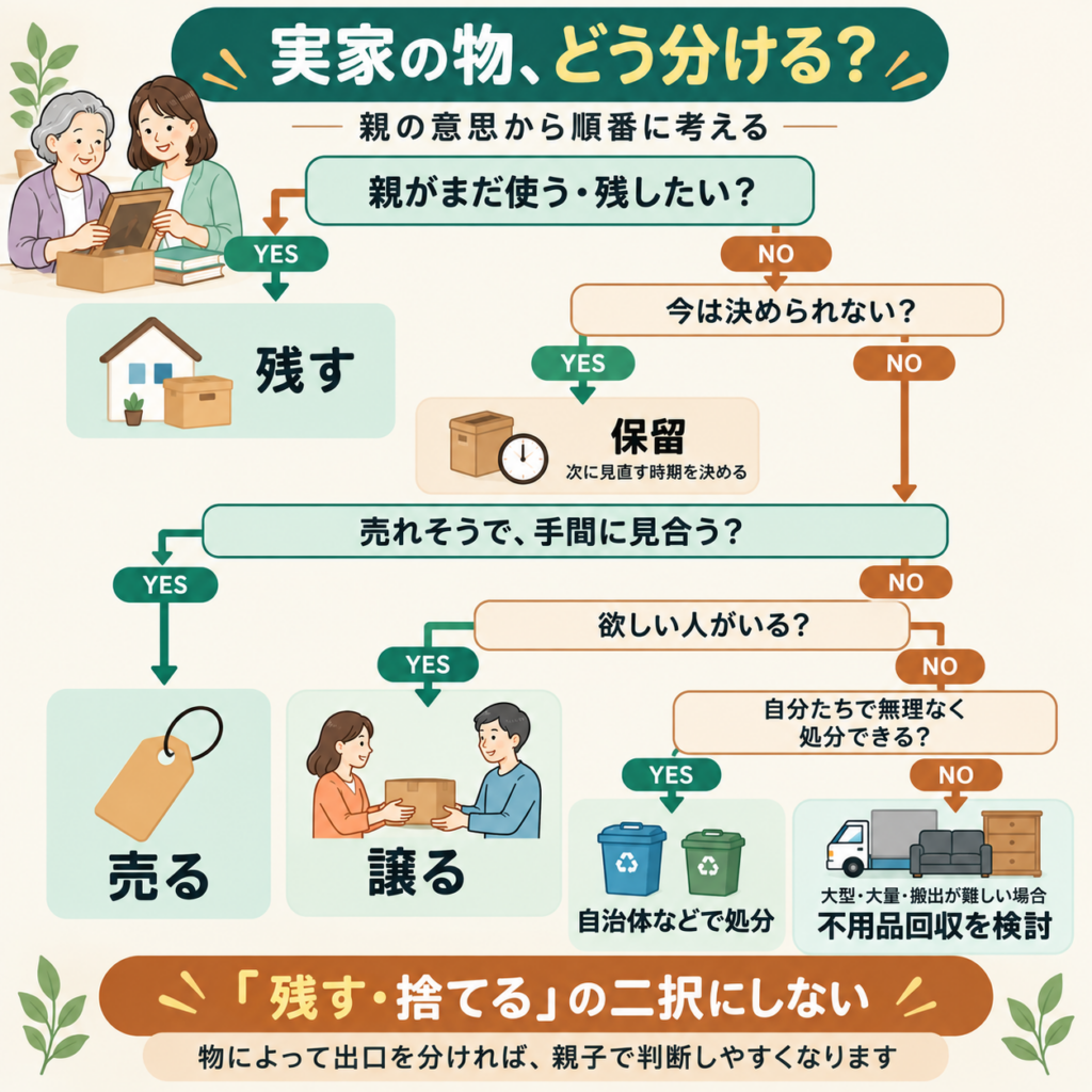 実家の物を残す・売る・譲る・自治体で処分・不用品回収に分ける判断フロー