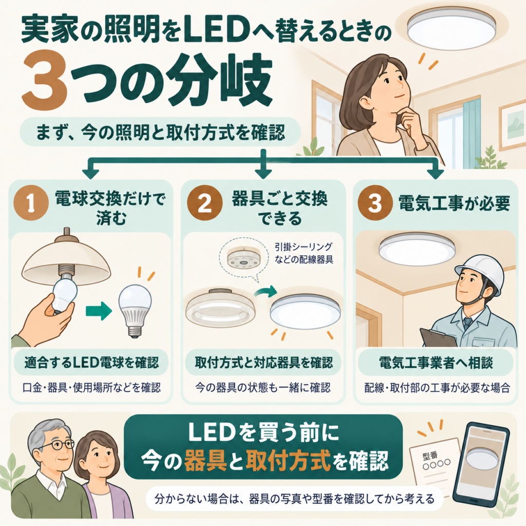 実家の照明をLEDへ替えるときの電球交換・器具交換・電気工事の3つの分岐