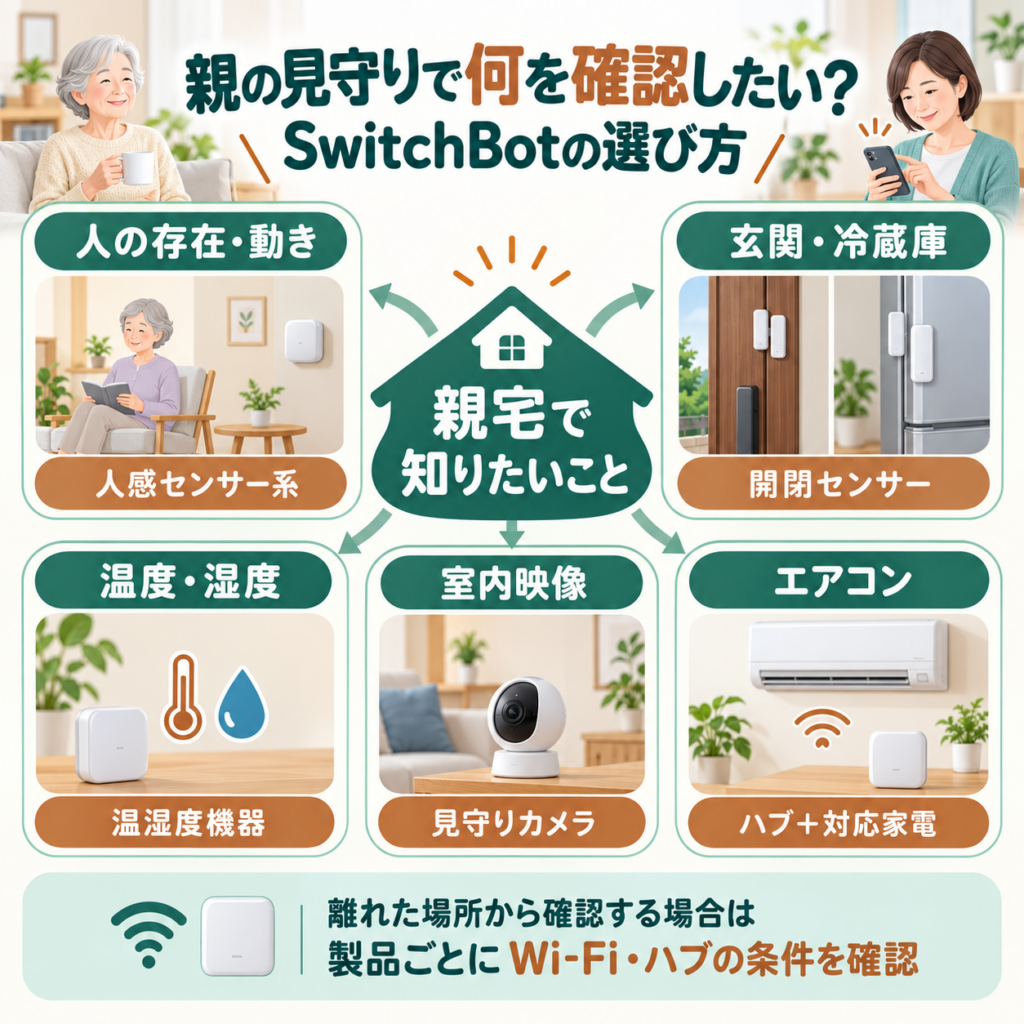 親の見守りで確認したい内容別のSwitchBot機器とWi-Fi・ハブの考え方