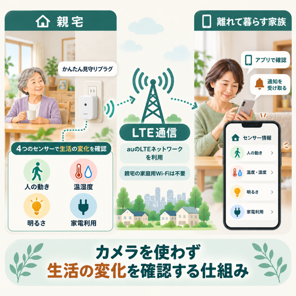 au HOMEかんたん見守りプラグがLTE通信で4つのセンサー情報を家族のスマートフォンへ届ける仕組み