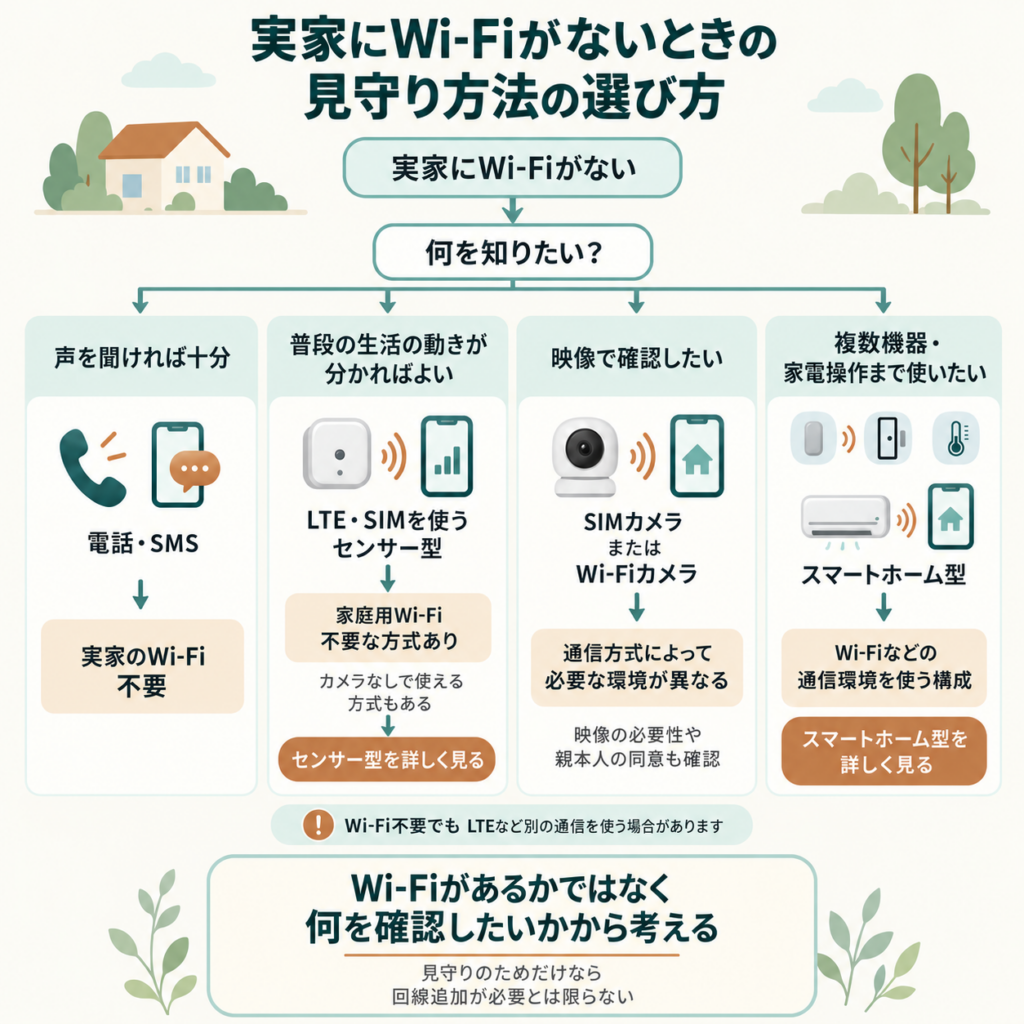 実家にWi-Fiがないときの親の見守り方法を、電話、LTE・SIMセンサー、カメラ、スマートホーム型に分けた図解