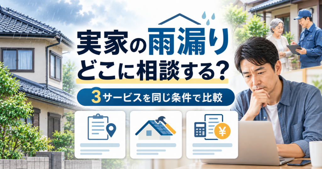 親の実家の雨漏りについて、雨漏り修理110番・リペアルーフ・街角雨漏り相談所の3サービスを比較する記事のアイキャッチ