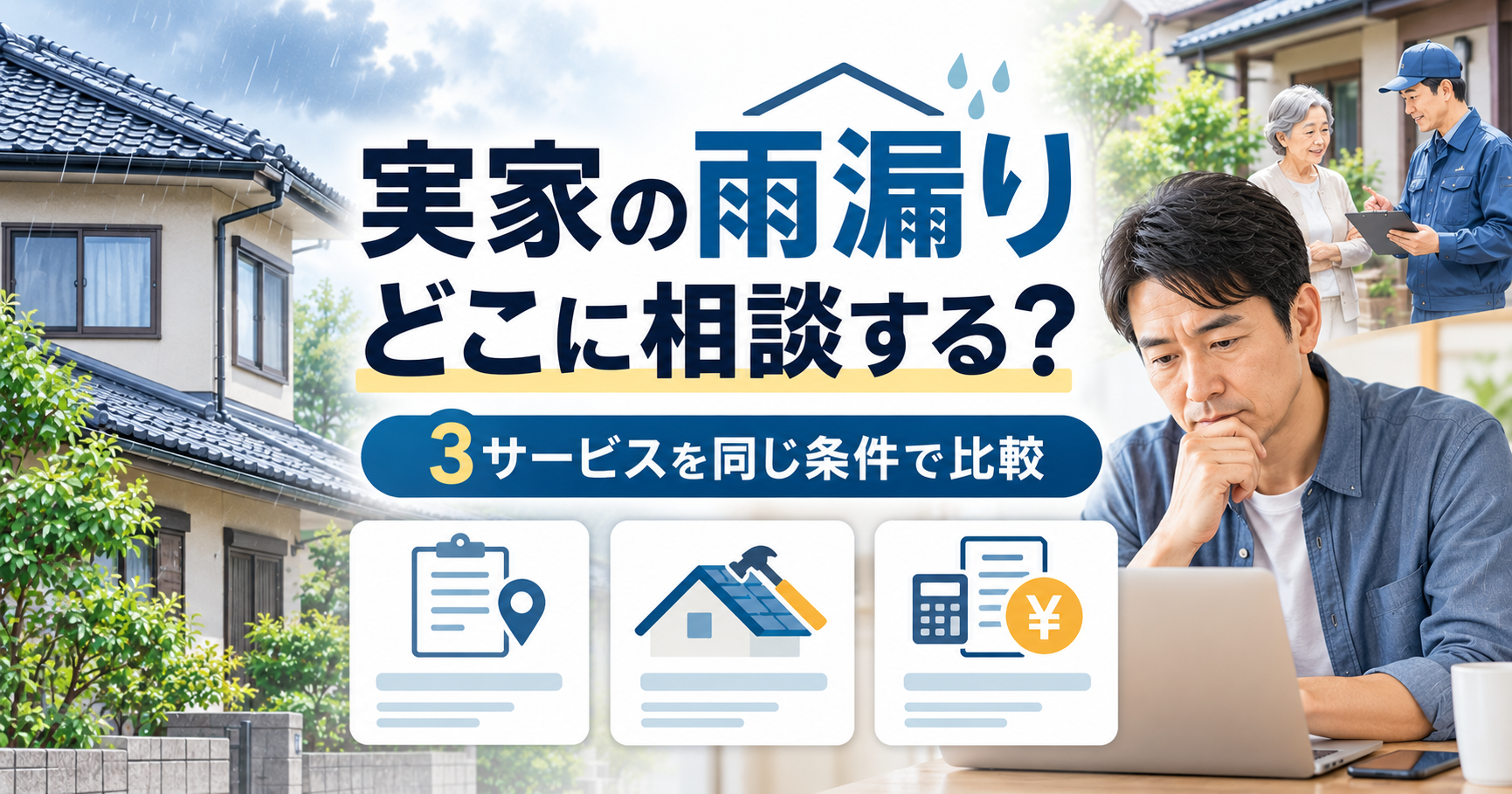 親の実家の雨漏りについて、雨漏り修理110番・リペアルーフ・街角雨漏り相談所の3サービスを比較する記事のアイキャッチ