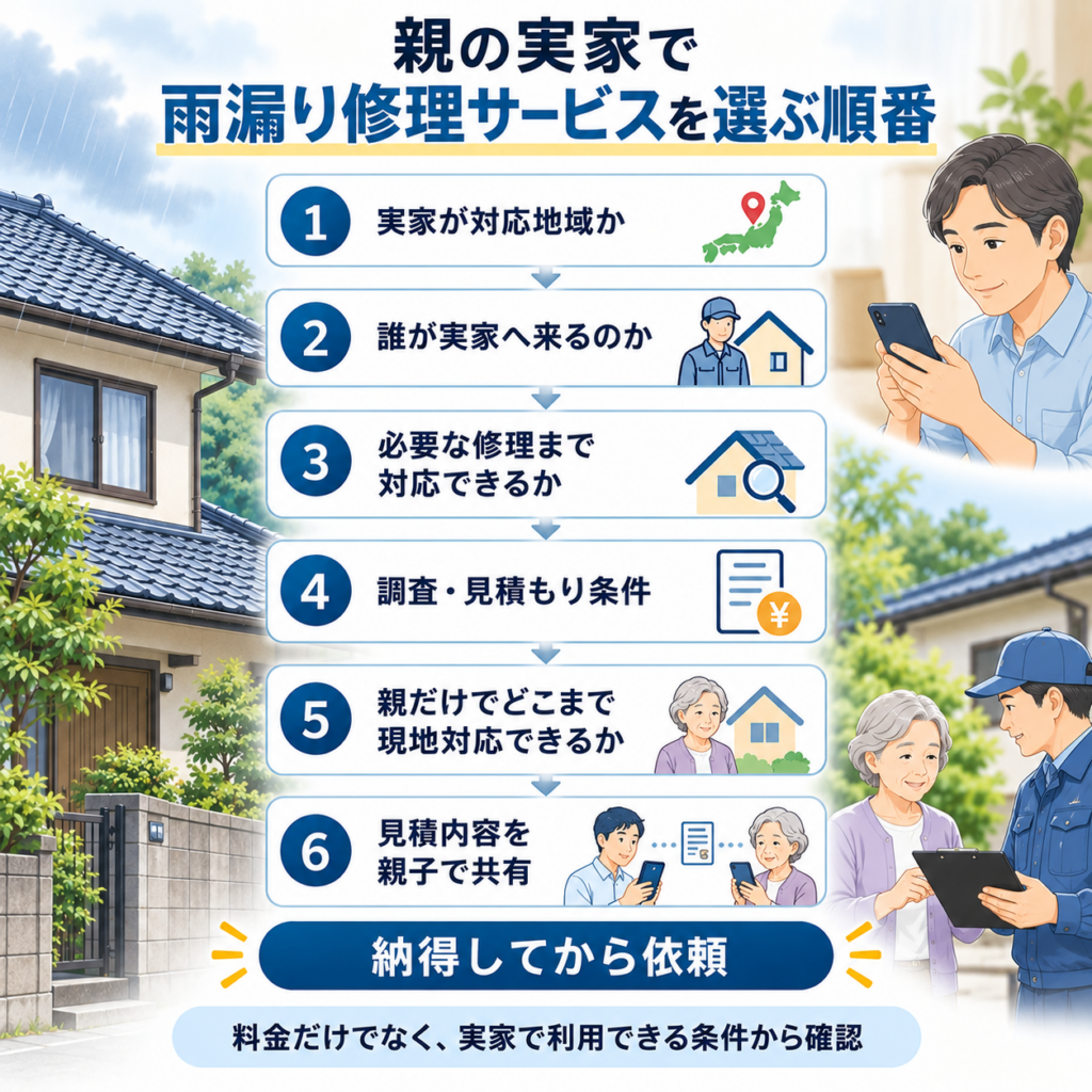 親の実家で雨漏り修理サービスを選ぶ順番を、対応地域、現地対応、修理範囲、見積もり、親の立ち会い、親子での見積共有の6段階で示した図解