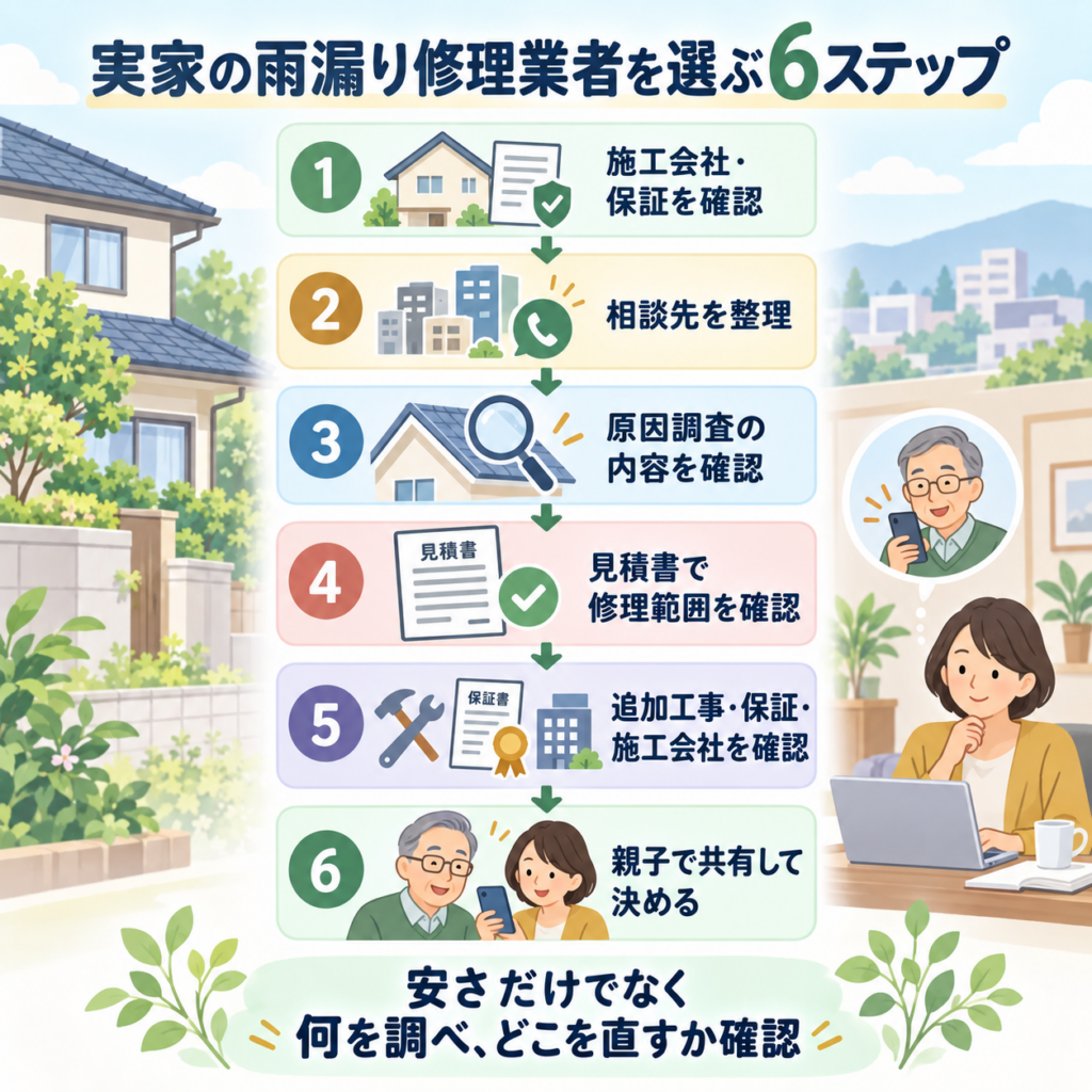 実家の雨漏り修理業者を選ぶ6ステップ。施工会社と保証、相談先、原因調査、見積書、追加工事と保証、親子での確認の流れ