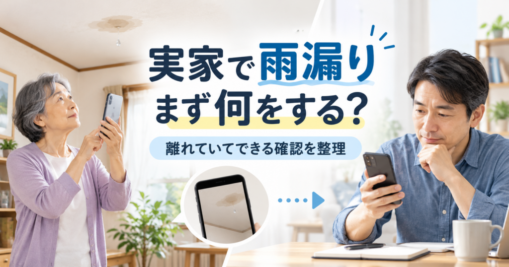 離れて暮らす親から実家の雨漏りについて連絡を受け、写真を共有して状況を確認する家族