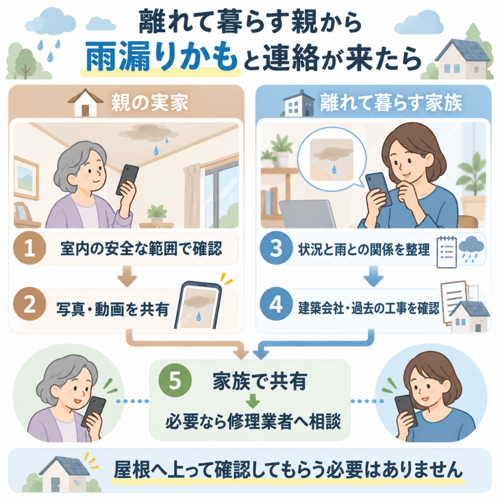 離れて暮らす親の実家で雨漏りが起きたときに、室内確認、写真共有、建築会社の確認、修理業者への相談までを整理した図