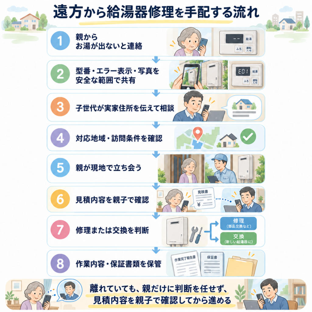 離れて暮らす親の実家で給湯器修理を遠方から手配する流れ