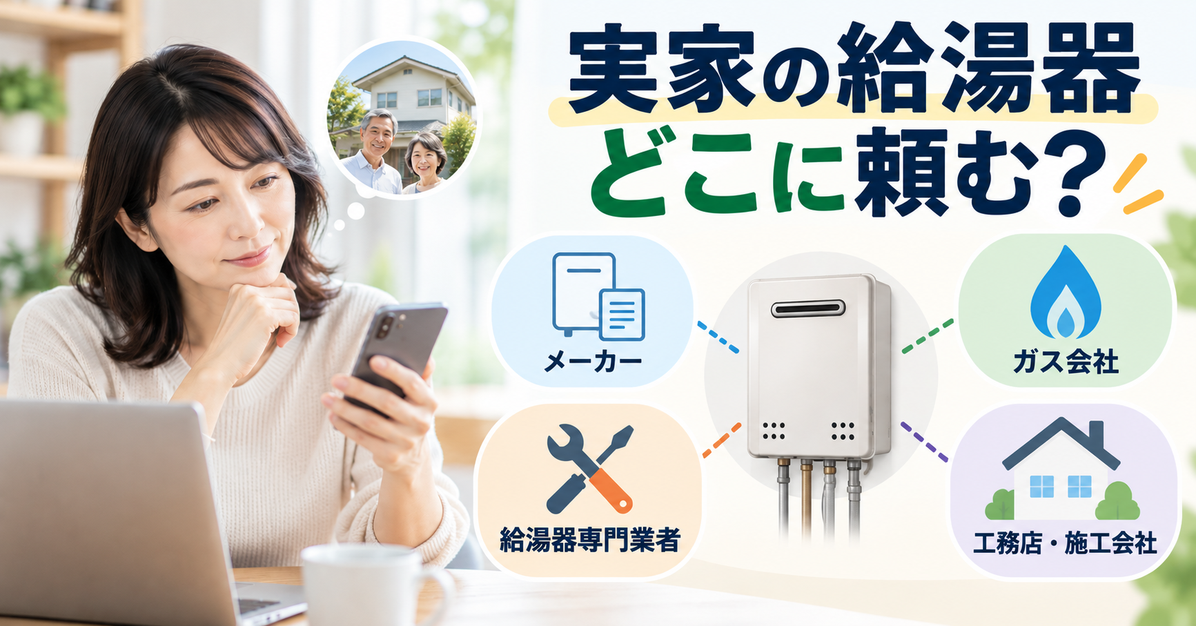 実家の給湯器修理・交換の相談先としてメーカー・ガス会社・専門業者・施工会社を比較するイメージ