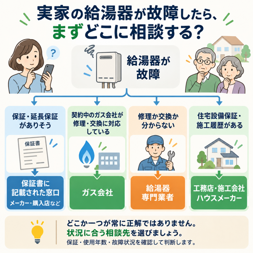 実家の給湯器が故障したときの相談先を保証窓口・ガス会社・給湯器専門業者・工務店に分けた判断フロー
