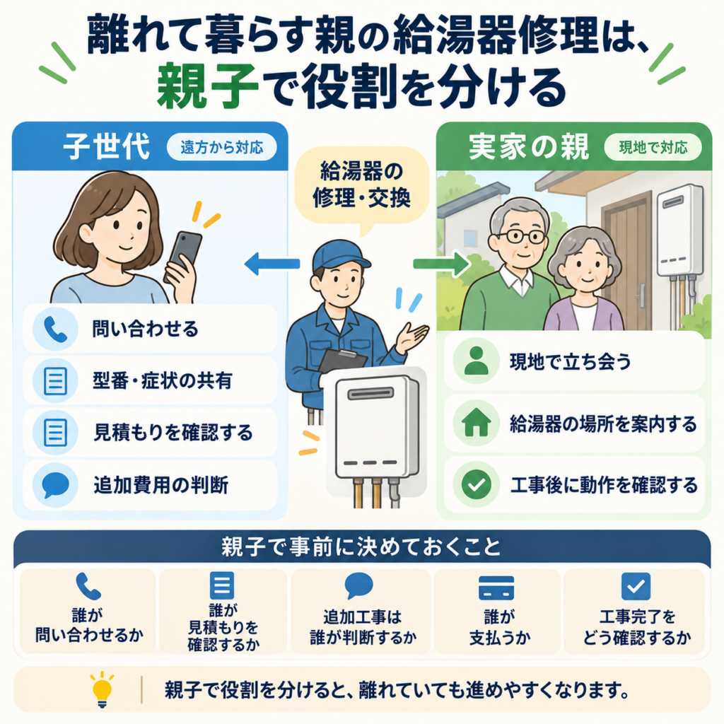 離れて暮らす親の給湯器修理で子世代と親が問い合わせ・立ち会い・見積もり確認を分担する流れ