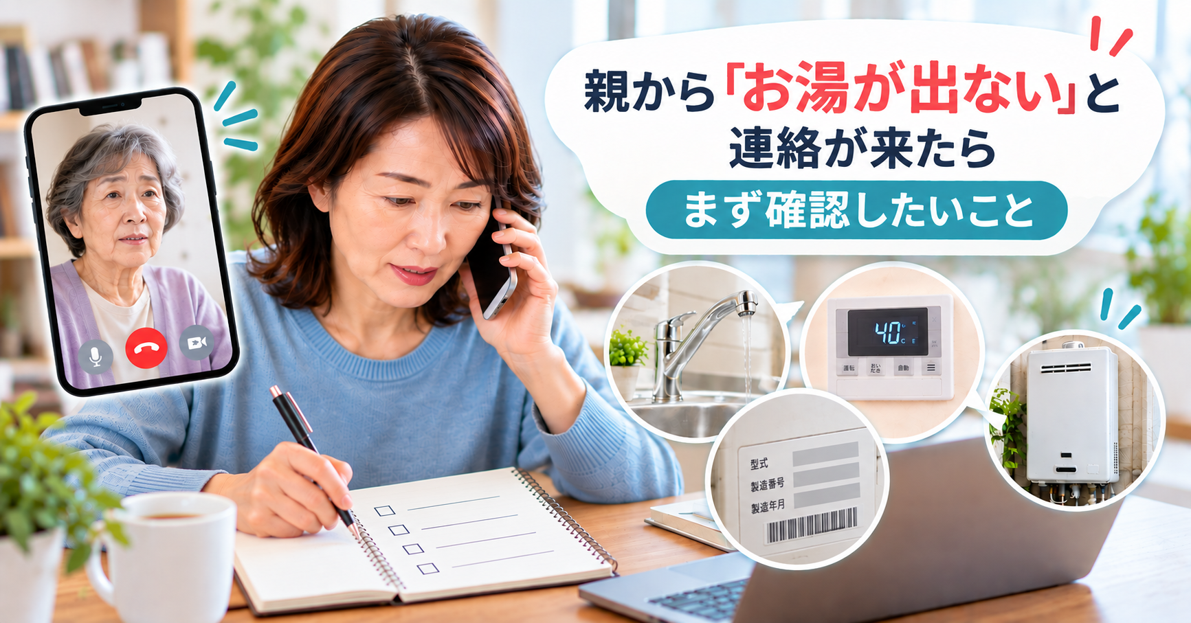 離れて暮らす親からお湯が出ないと連絡を受け、給湯器の確認事項を整理する子世代