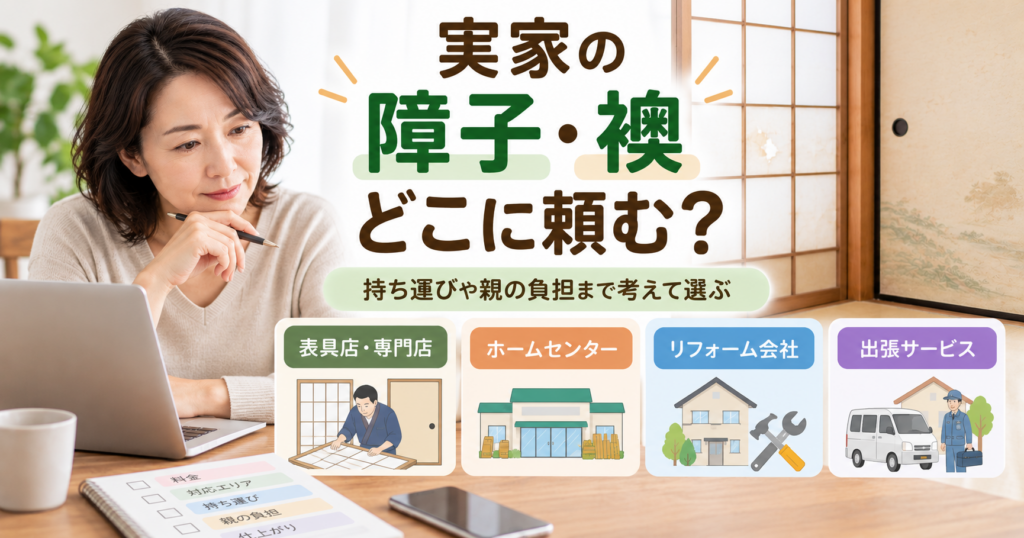 実家の障子・襖の張り替え先として表具店、ホームセンター、リフォーム会社、出張サービスを比較する子世代