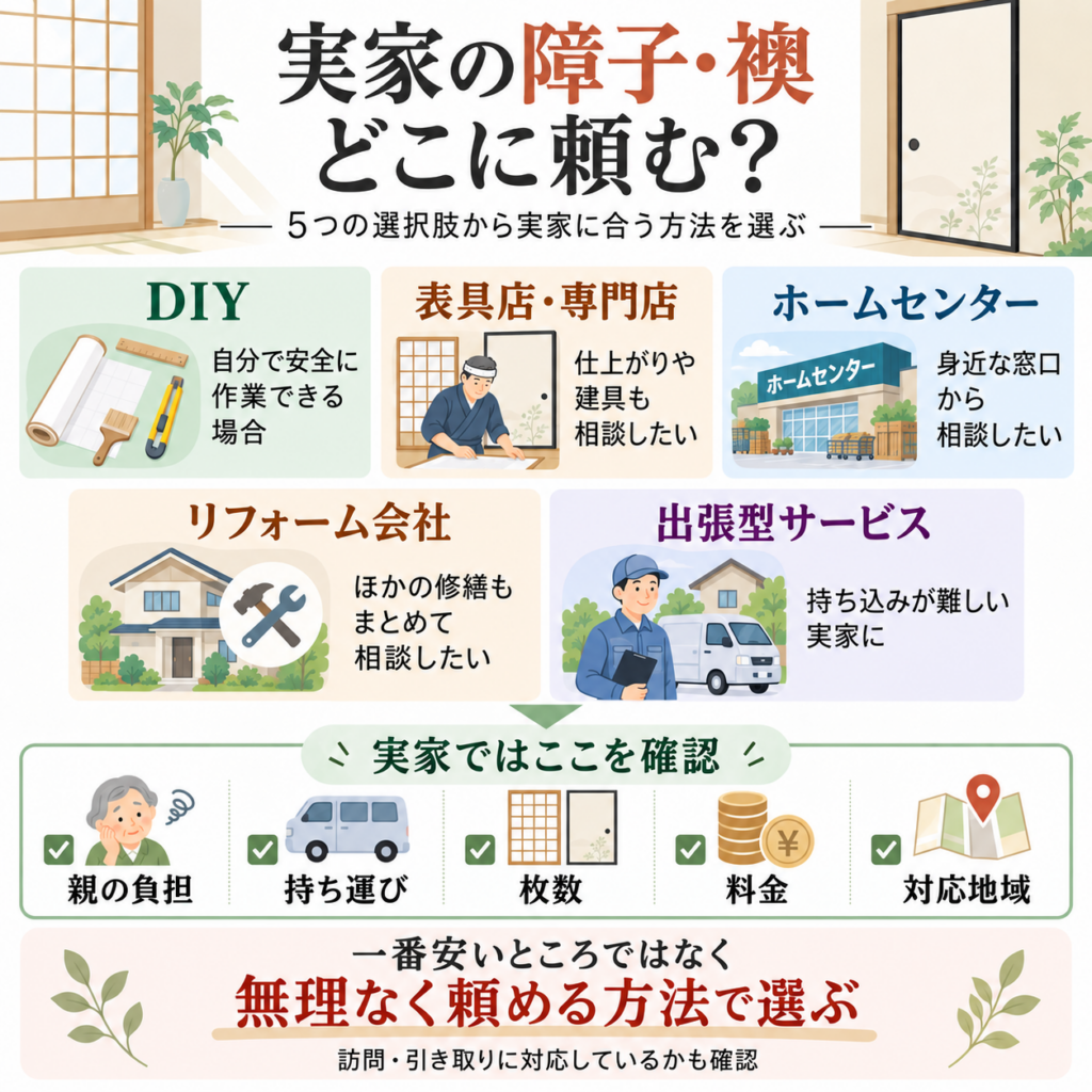 実家の障子・襖の張り替え先5種類と、親の負担・持ち運び・枚数・料金・対応地域の比較図