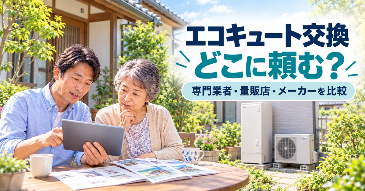 実家の庭先でエコキュートの交換依頼先を親子で比較検討している様子