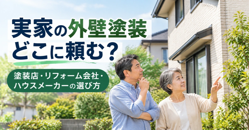 実家の外壁塗装を検討する親子が、戸建て住宅の外壁を見ながら相談している様子