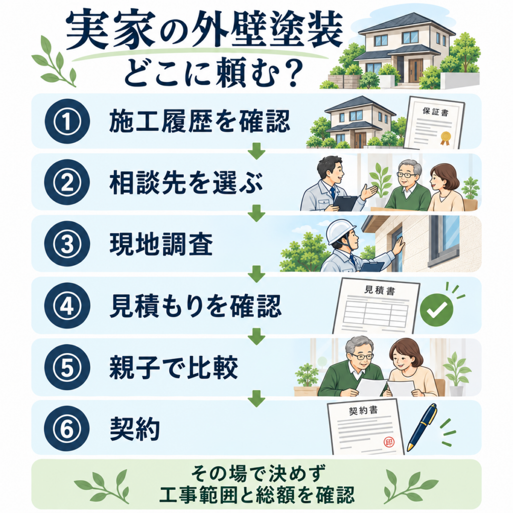 実家の外壁塗装を依頼するまでの6つの手順。施工履歴の確認、相談先選び、現地調査、見積もり確認、親子での比較、契約までの流れ。