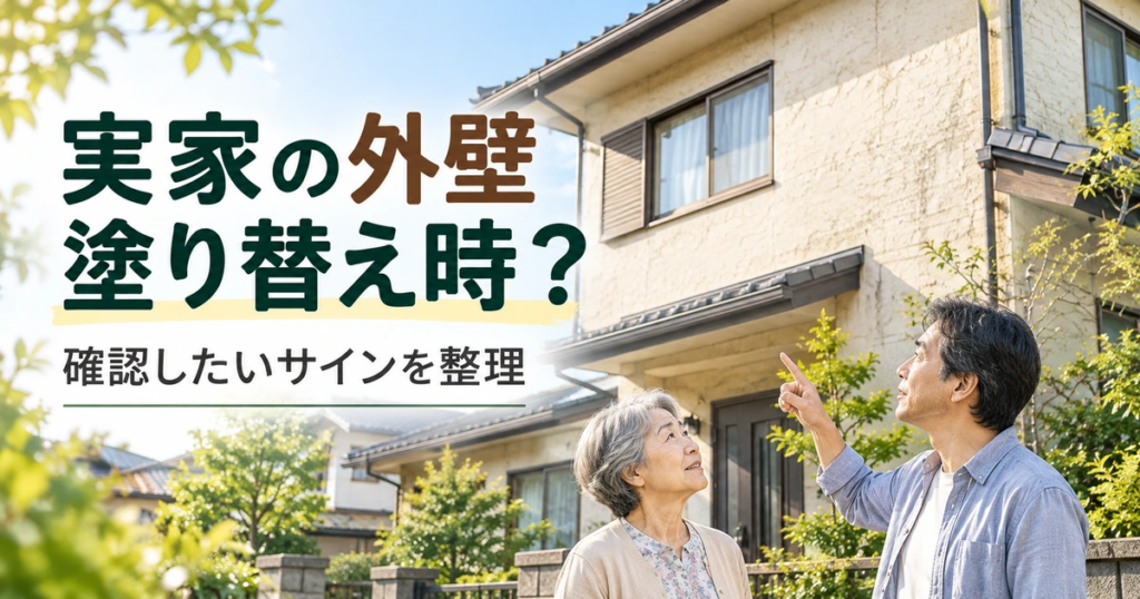 実家の外壁塗装を考えるタイミングについて、親と子世代が戸建て住宅の外壁を確認している様子